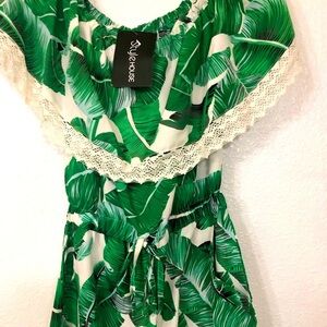 Green floral palm print lace‎ trimmed off-shoulder jumpsuit sexy flirty romper